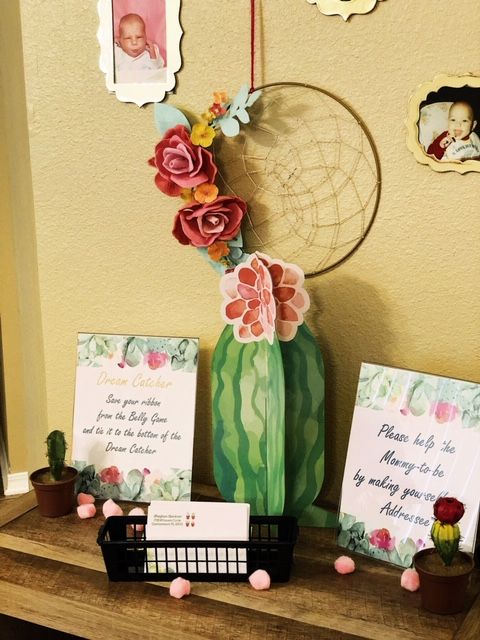 entryway table for succulent baby shower with paper cardboard succulent | Busy Life Healthy Wife | How to Host the Perfect Succulent Baby Shower