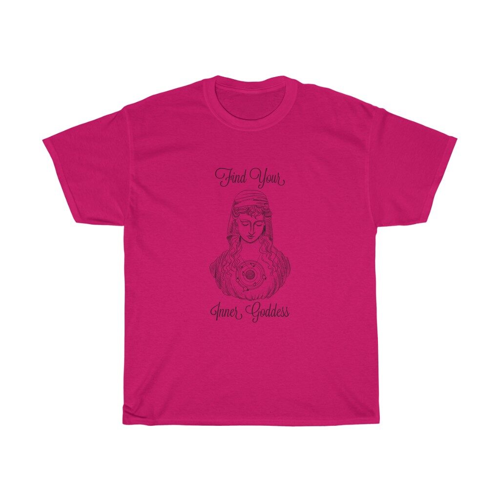 Shirt with a drawn picture of a goddess with the words “Find Your Inner Goddess” | great gifts for pagans | Busy Life Healthy Wife
