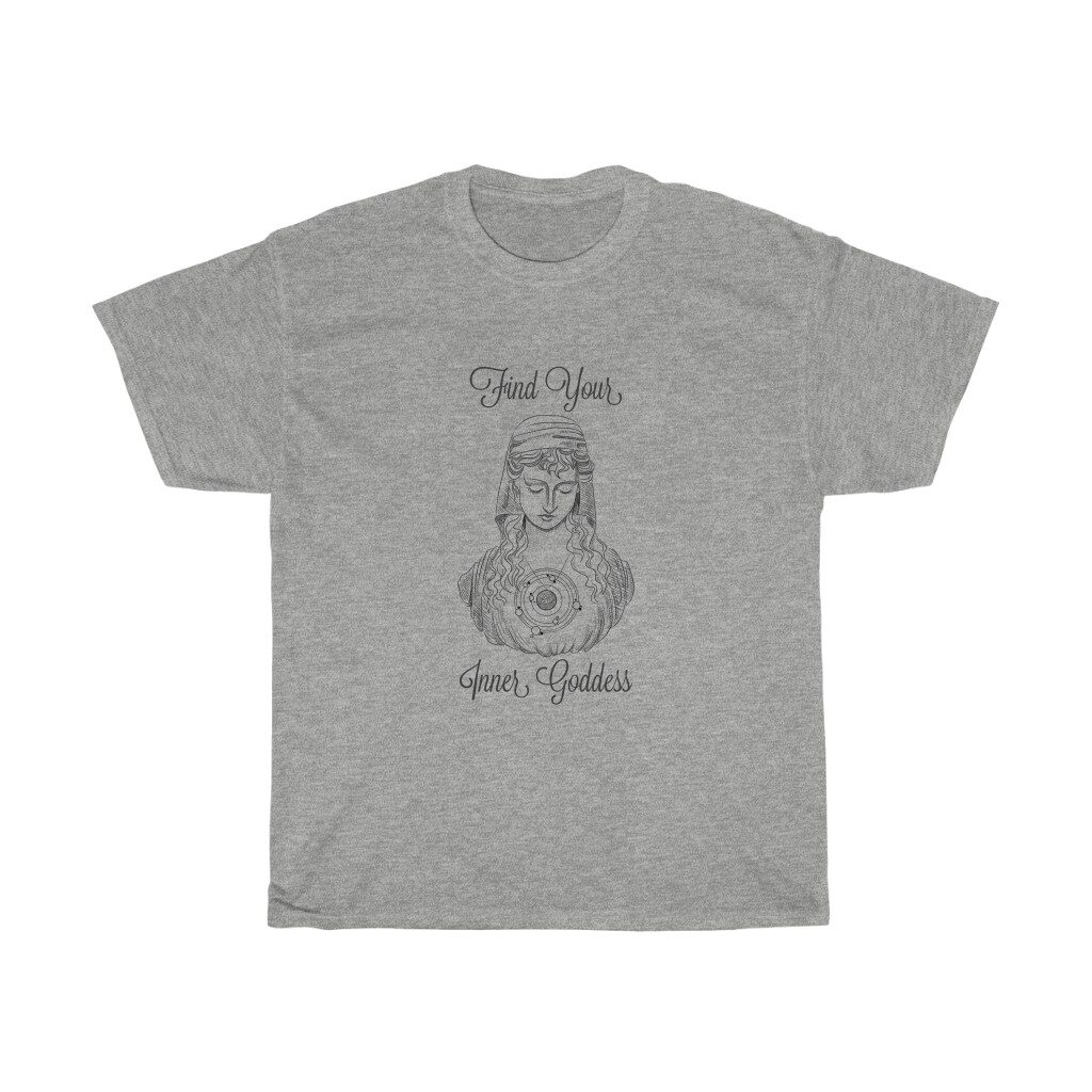 Shirt with a drawn picture of a goddess with the words “Find Your Inner Goddess” | great gifts for pagans | Busy Life Healthy Wife