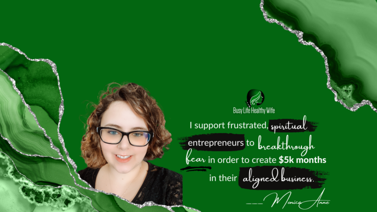 Facebook banner cover with geode background with a photo of Coach Monica Anne and the statement "I support frustrated, spiritual entrepreneurs to breakthrough fear in order to create $5k/months in their aligned businesses." | coaching for spiritual businesses