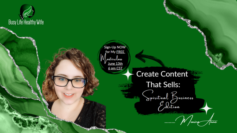 Facebook banner cover with green geode background with date and times for create content that sells with a picture of Coach Monica Anne | Spiritual Business Coach
