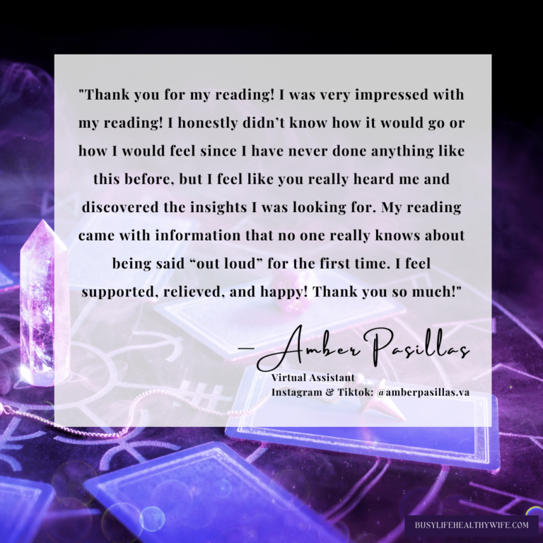 Oracle Card Reading Testimonial from Amber on a white box with a purple background of a crystal and some tarot cards