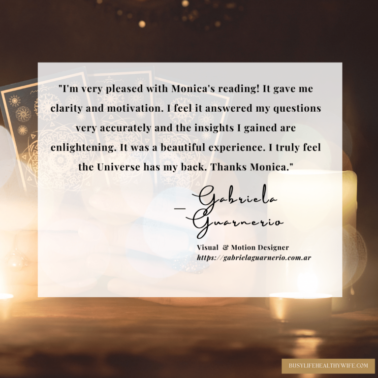 Oracle Card Reading Testimonial from Gabriela on a white box with some tarot cards, candles, and water pictured in the background