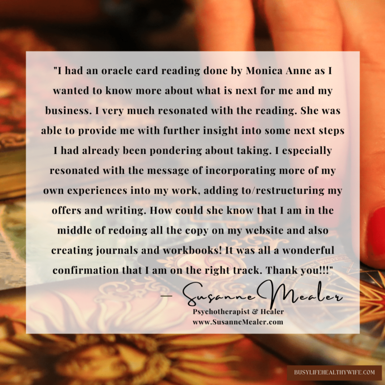 Oracle Card Reading Testimonial from Susan on a white box with an orange background that shows a hand and oracle cards