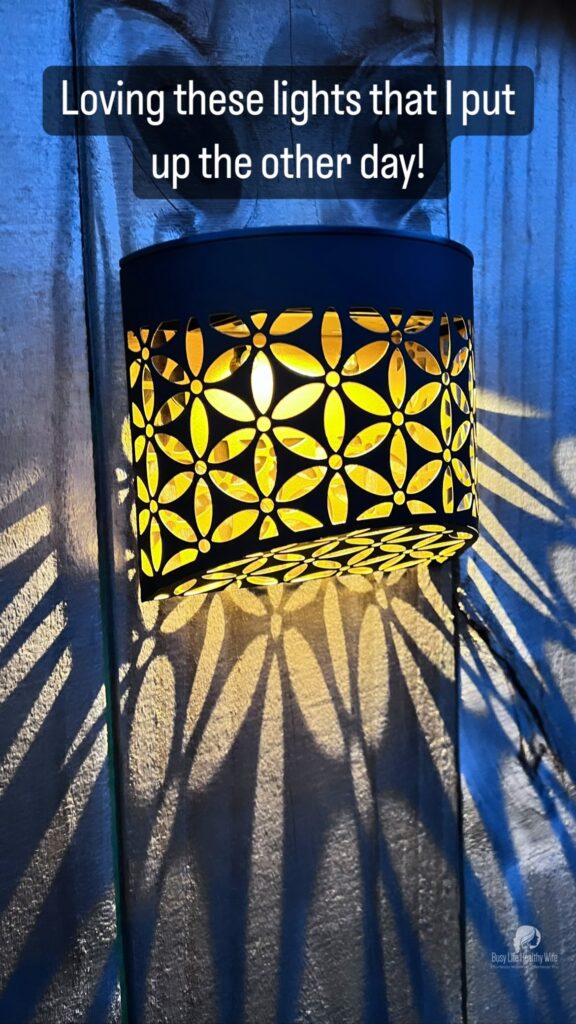 Flower patterned solar light hanging on a fence and is lit up with a yellowy light | Busy Life Healthy Wife - Holistically create marketing that's effortlessly woowoo, effortlessly you