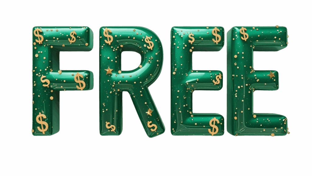 The word FREE in 3d in an almost balloon like style. The color of the words is green and there are gold dollar signs and sparkles | Busy Life Healthy Wife - Coach Monica Anne - Abundance Coach and The OG Manifestor