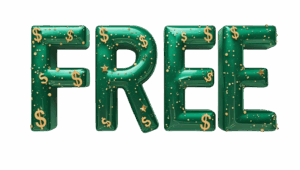 The word FREE in 3d in an almost balloon like style. The color of the words is green and there are gold dollar signs and sparkles | Busy Life Healthy Wife - Coach Monica Anne - Abundance Coach and The OG Manifestor
